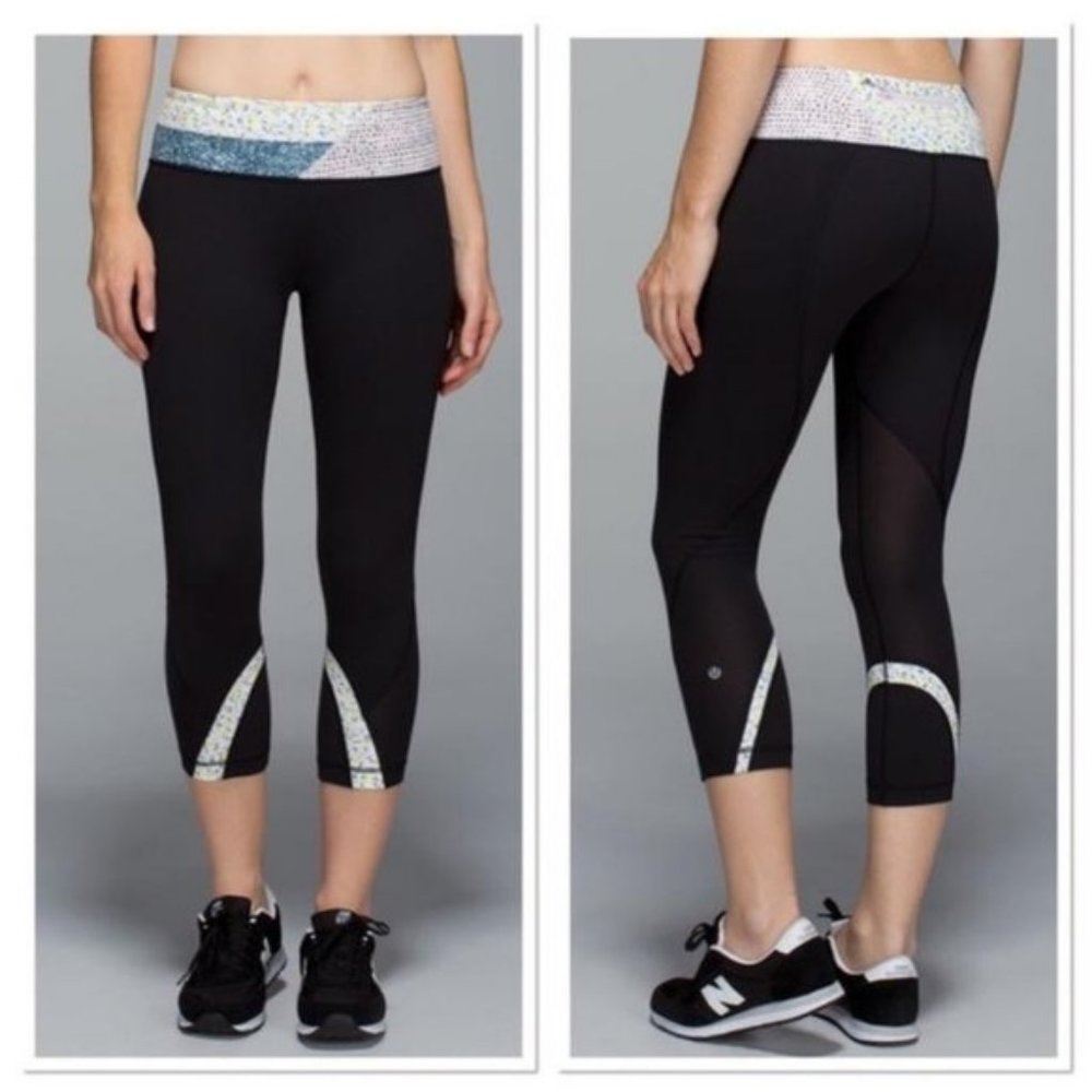 Lululemon Run Inspire Crop II Leggings Size 6 Black Fleur Blush Split Pea Floral